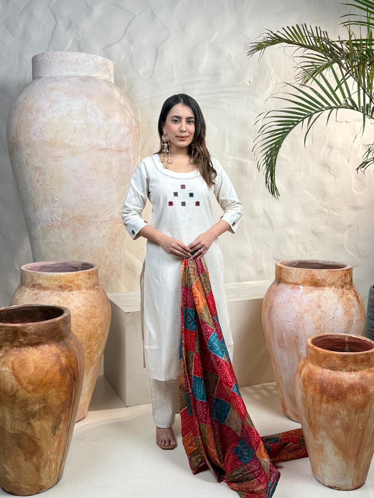 White Khadi Flex Cotton Embroidered Suit Set